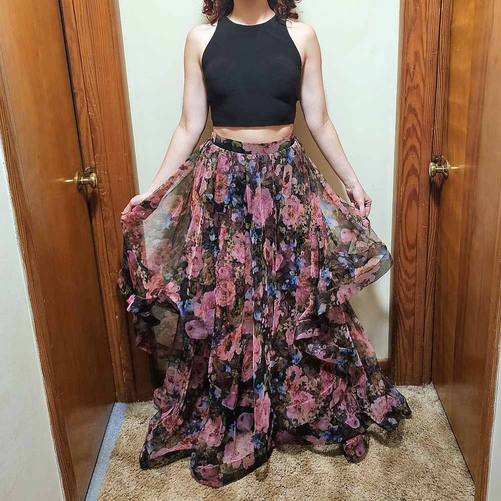 Prom Homecoming Dress Two Piece Set - Crop Top and Tulle Floral Skirt